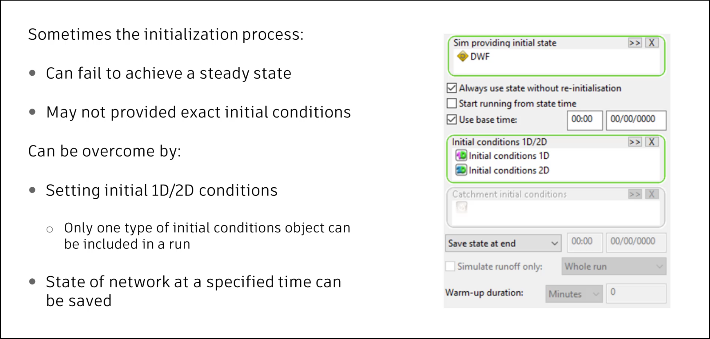 A presentation slide about options available if the initialization fails to achieve a steady state, such as setting 1D/2D conditions, with an image of the relevant options.