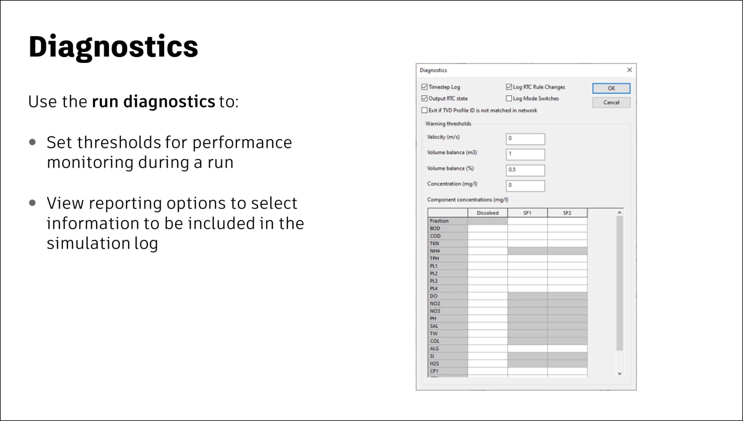 A presentation slide with an image of the Diagnostics dialog box, where you can set thresholds for performance monitoring and select information to include in the simulation log.