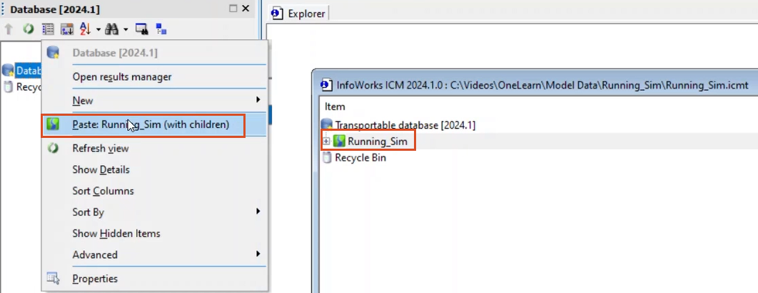 The transportable database window with the model group for this exercise highlighted in red, and in the Model Group, the Database shortcut menu with Paste (with children) selected.