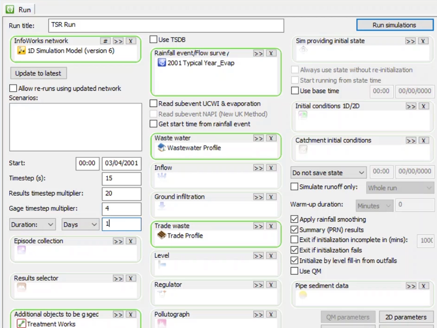 The TSR Run simulation Run View with settings configured for this tutorial.