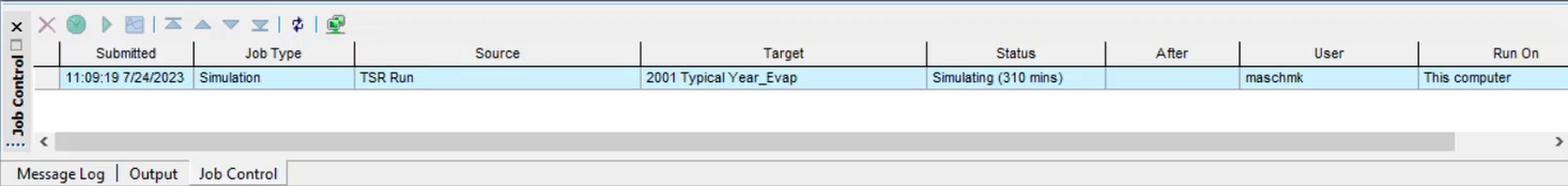 The Job Control window displaying information about the simulation job currently running, including Source, Target, and Status.