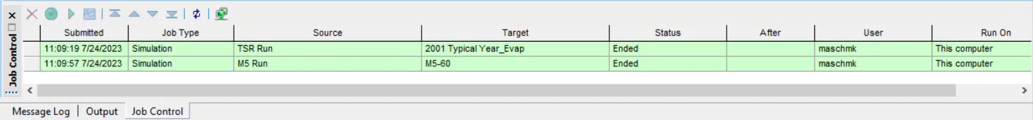 The Job Control window with both runs displayed in green to indicate successful simulations.