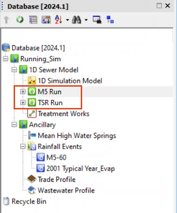 In the Database, simulation icons for both runs are green to indicate successful simulations.