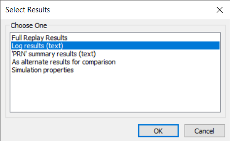 In the ICM Select Results dialog box, a list of options to view simulation results, with Log results (text) selected.