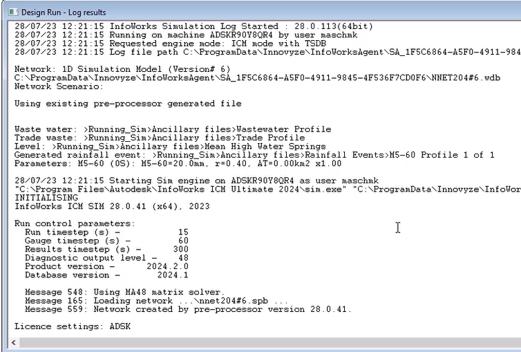 The log results window with an example of a text-based simulation log report.