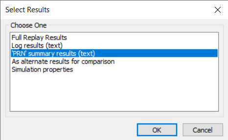 The select Results dialog box with ‘PRN’ summary results (text) selected.