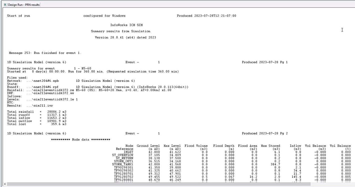 The PRN results window with an example of a text-based simulation PRN report.