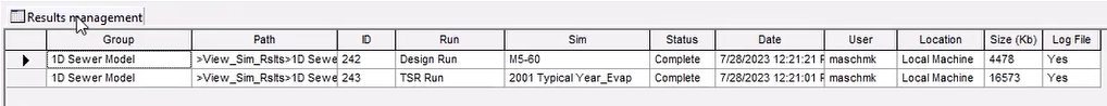 The Results management window displaying a summary of simulation results in grid format.