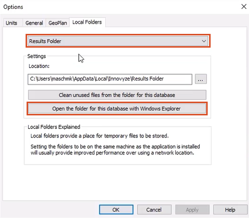 In the Options dialog box, Local Folders tab, the Results folder selected and highlighted, and the Open the folder for this database with Windows Explorer option highlighted.