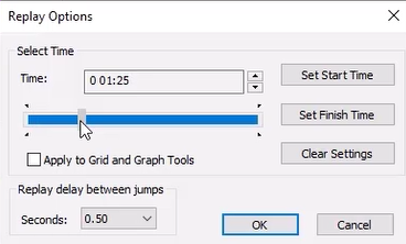 The Replay Options dialog box, where a slider is being used to select the time of the results.