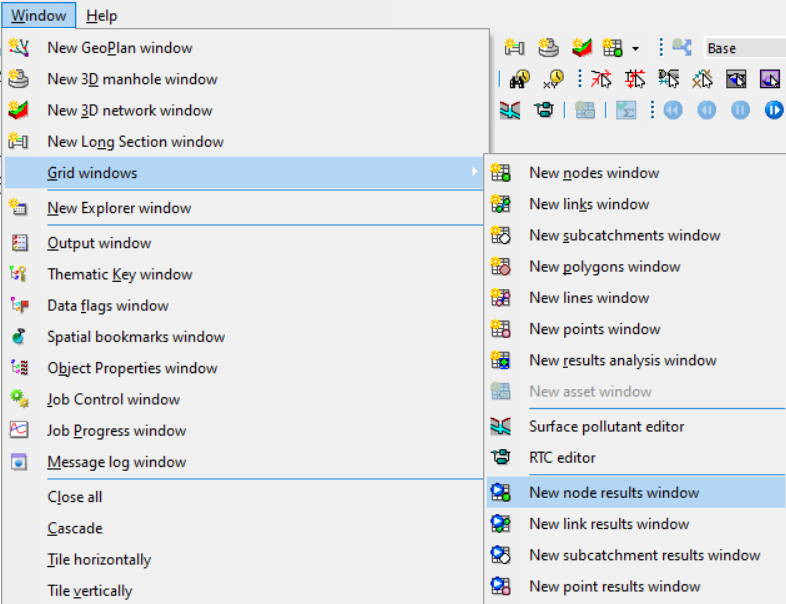 The Window menu with Grid windows selected, and in the flyout, New node results window highlighted.