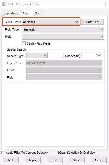 In the SQL dialog box, Object Type drop-down, All Nodes selected and highlighted in red.