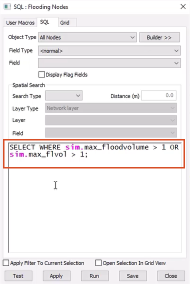 The SQL dialog box with the Flooding Nodes query for this example entered in the text box.