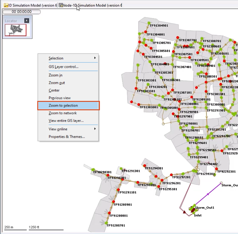 In the GeoPlan, simulation results are highlighted in red, and the shortcut menu is expanded with Zoom to selection highlighted.