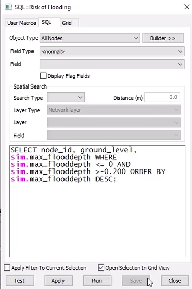 The SQL window dialog box with the Risk of Flooding query for this example entered in the text box.