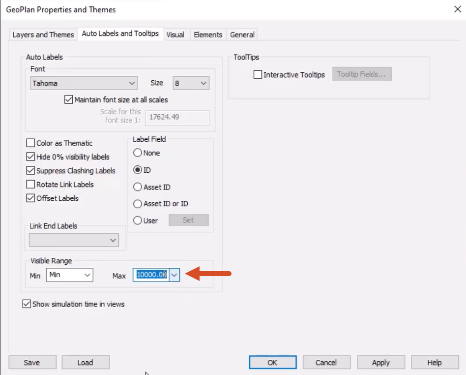 The GeoPlan Properties and Themes dialog box, Auto Labels and Tooltips tab, with the Visible Range Max set to 10000.00.