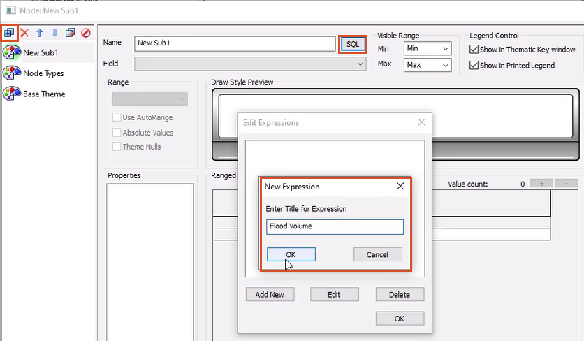 The New Expression popup with the name Flood Volume entered for the SQL, and the Layer Theme Editor with the Add New and SQL buttons highlighted in red.