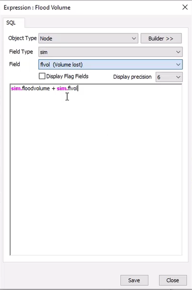 The Expression builder dialog box showing the entered SQL expression to sum both the stored and lost flood volumes.