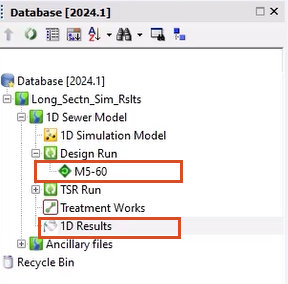 The Explorer window with the Design Run (M5-60) simulation and the 1D Results theme object highlighted.