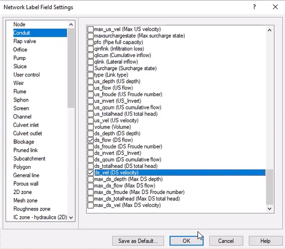 The Network Label Field Settings dialog box with the Conduit object type selected, and in the field list, DS flow and DS velocity enabled.