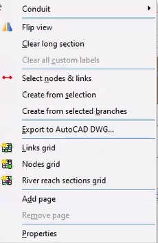 The Long Section shortcut menu, with options to create from selections, export to AutoCAD DWG, and open object grid windows.