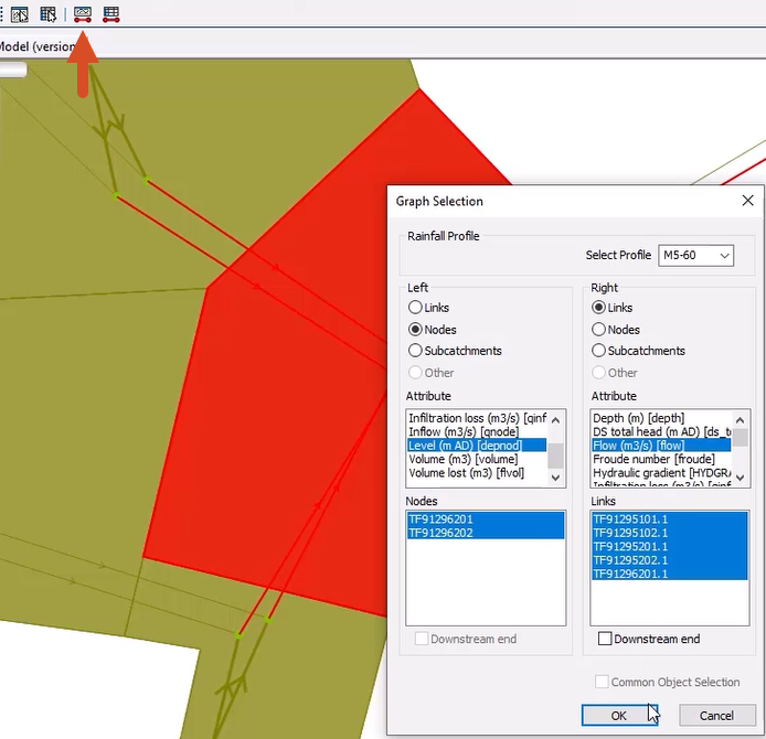 In the Results toolbar, the Graph selected object tool highlighted, and in the Graph Selection dialog box, attributes selected to display in the graph for this example.