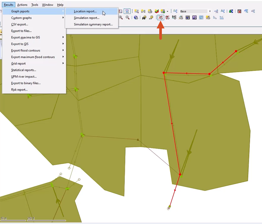 In the More GeoPlan Tools toolbar, the Trace and select links upstream tool highlighted; and in the Results menu, Graph reports selected, and Location report selected in the flyout.