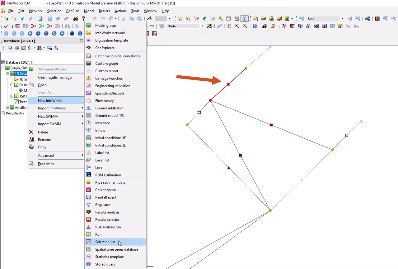 In the GeoPlan, the Trace With selections active and highlighted; and in the model group shortcut menu, New InfoWorks selected, with Selection list selected in the flyout.