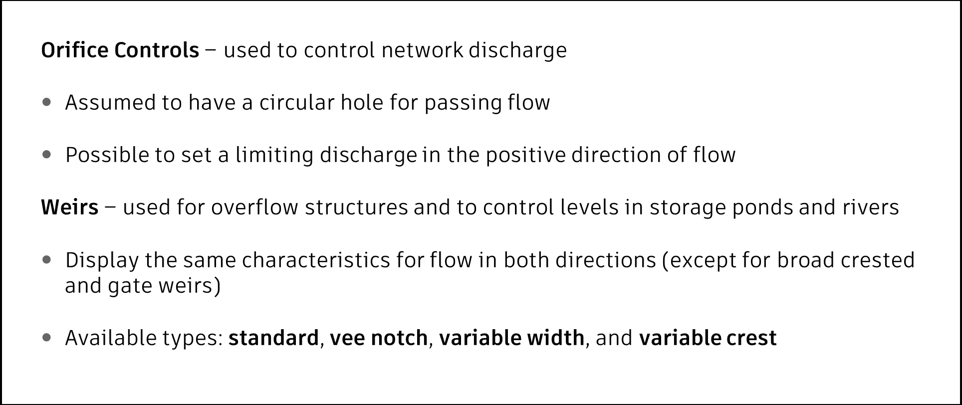 A presentation slide on the available ancillaries in ICM, including orifice controls, used to control network discharge; and weirs, used for overflow structures and to control levels in storage ponds and rivers.