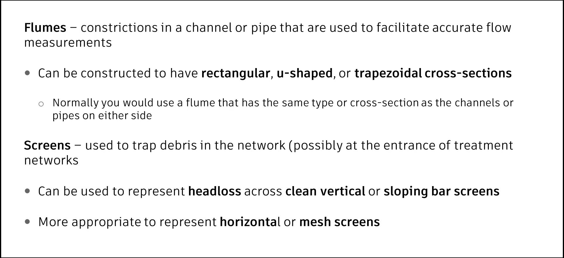 A presentation slide on the available ancillaries in ICM, including flumes, used to facilitate accurate flow measurements; and screens, used to trap debris in the network.