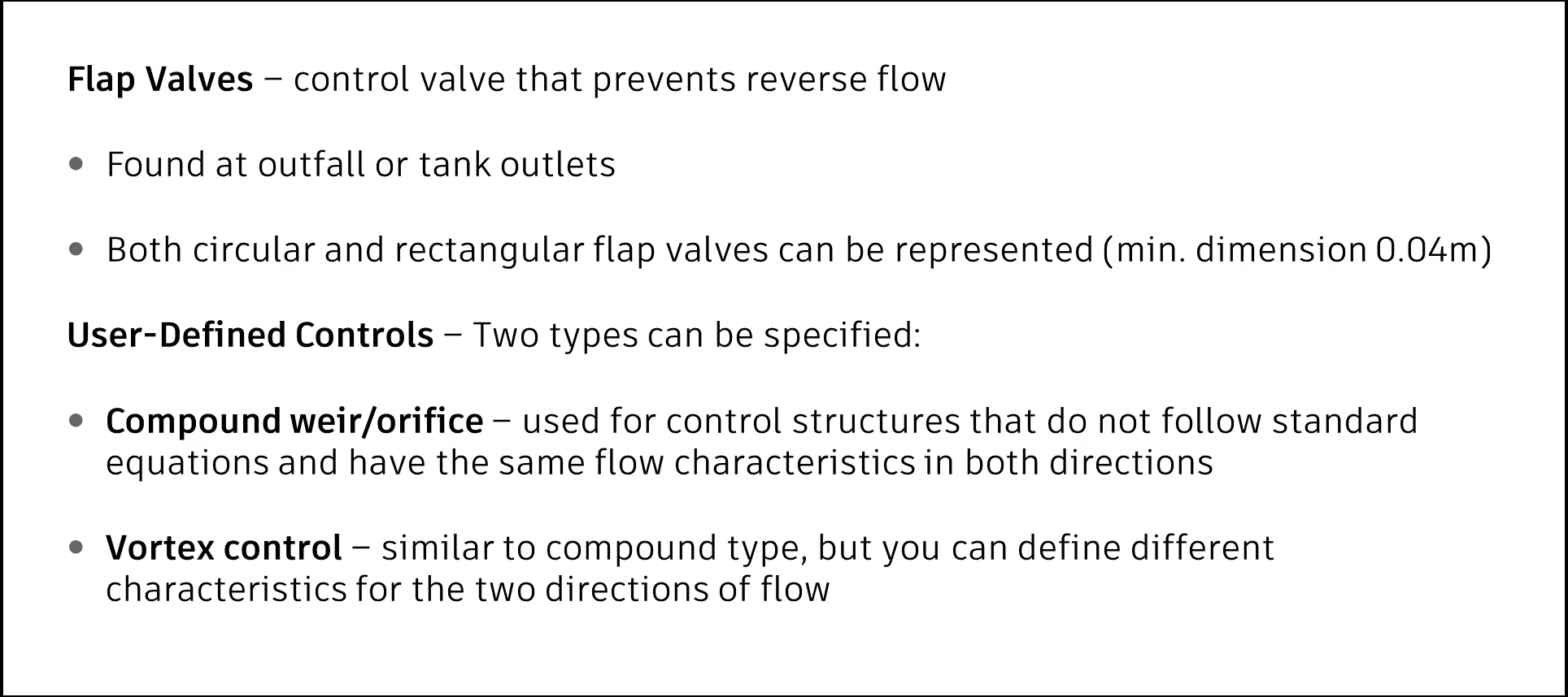 A presentation slide on the available ancillaries in ICM, including flap valves, used to prevent reverse flow; and two types of user-defined controls—compound weir/orifice and vortex control.