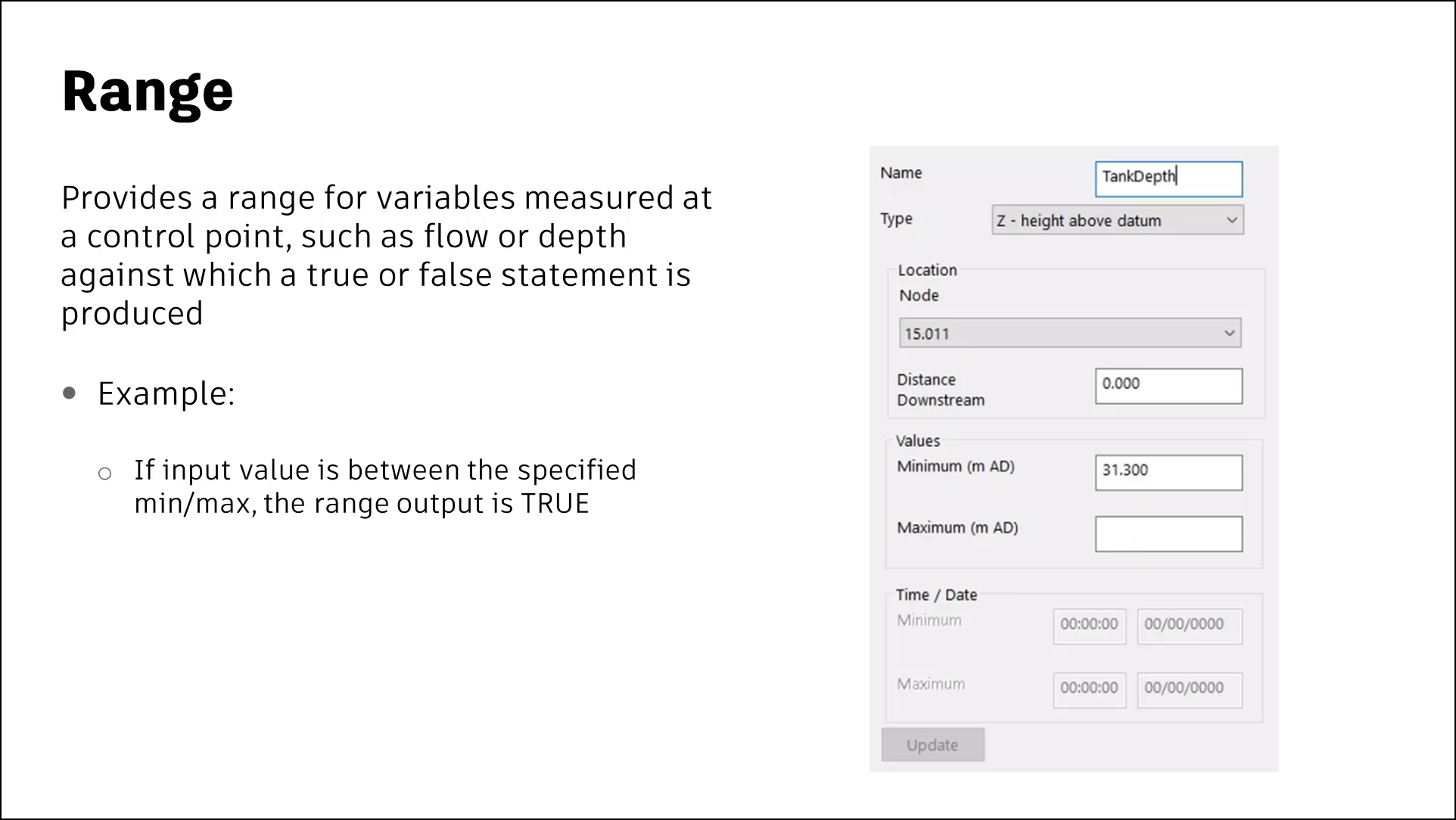 A presentation slide about the Range regulator component, which provides a range for variables measured at a control point, such as flow or depth, against which a true or false statement is produced; with an image of example settings.