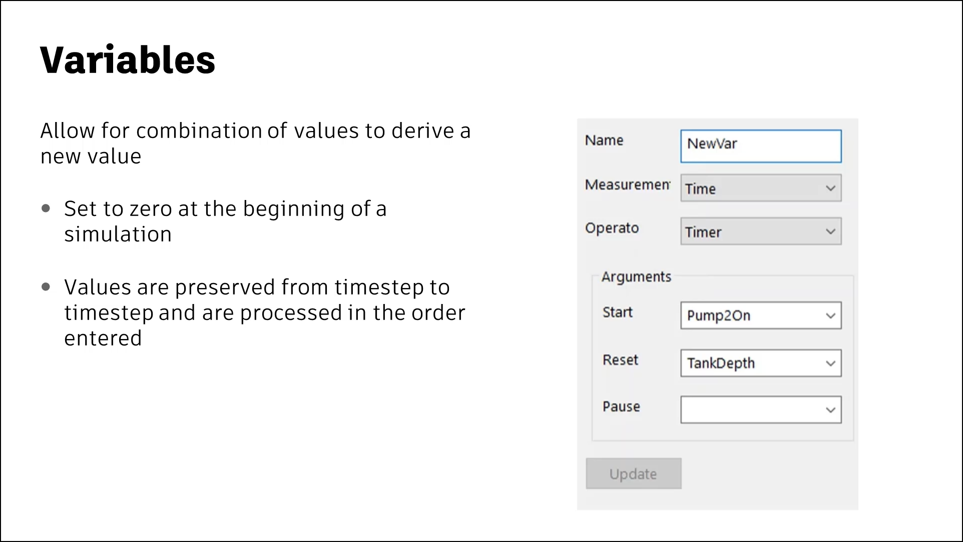 A presentation slide about the Variable regulator component, which allows for a combination of values to derive a new value; with an image of example settings.