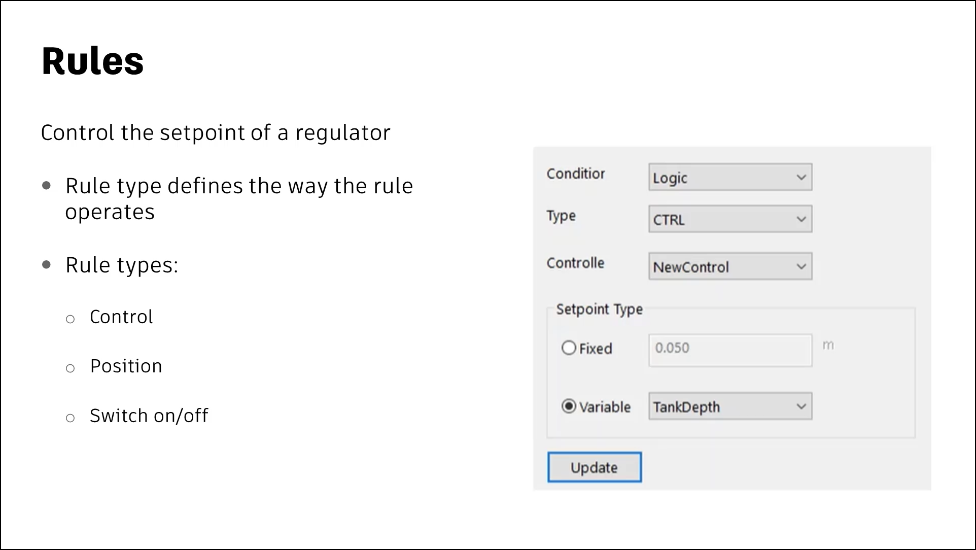 A presentation slide about the Rule regulator component, which controls the setpoint of a regulator and includes three types—control, position, or switch on/off; with an image of example settings.