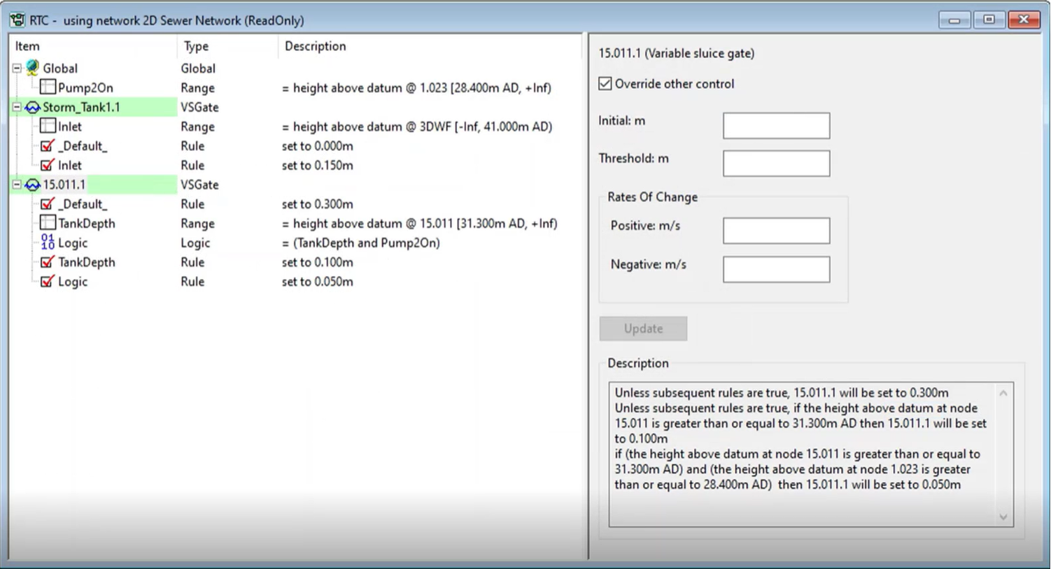 The RTC Window Editor with regulator components configured for this example, and in the Description box, the logic of the defined rules in plain English.