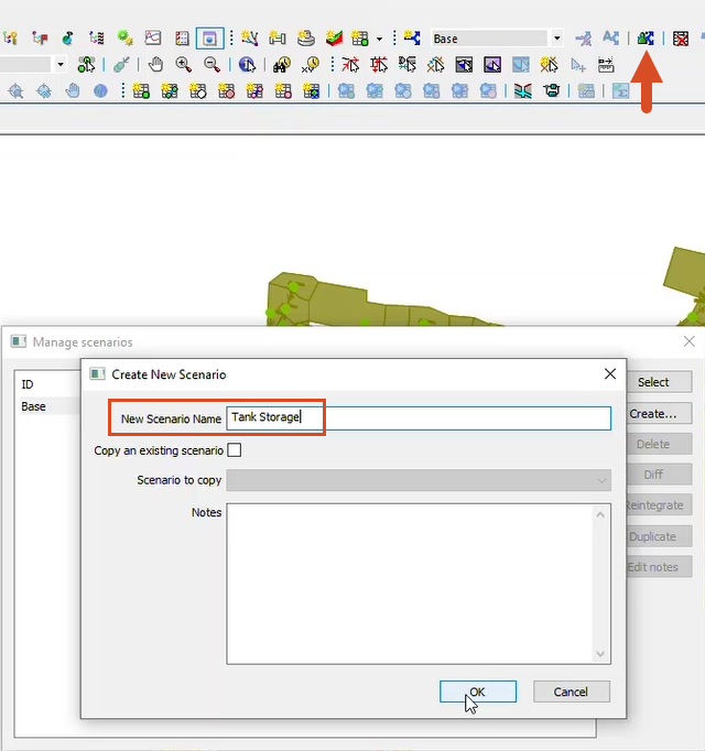 The Create New Scenario dialog box with Tank Storage set as the name and OK selected, and in the Scenarios toolbar, the Manage scenarios tool highlighted.