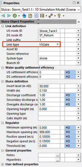 Storm_Tank1.1 The Properties window with the Link type set to VSGate and highlighted in red, and the Regulator properties now added.