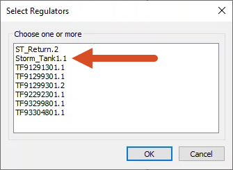 The Select Regulators dialog box with Storm_Tank1.1 highlighted.