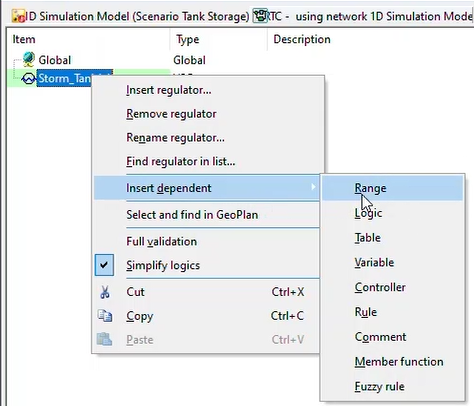 In the RTC Window Editor, the Storm_Tank1.1 shortcut menu with Insert dependent selected, and in the flyout, Range selected.