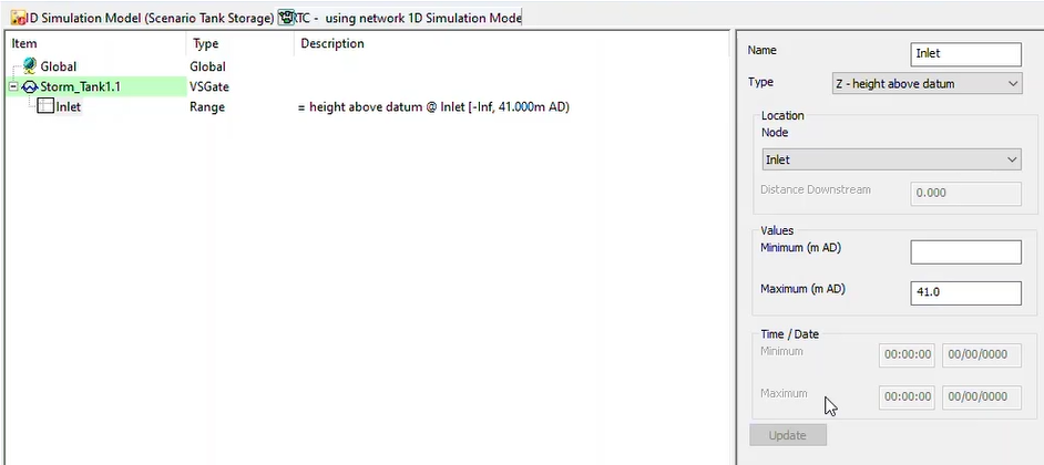 The RTC Window Editor for Storm_Tank1.1 with the Range regulator Name, Type, Location, and Maximum value settings configured for this exercise.