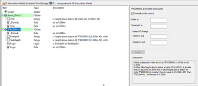 The RTC Window Editor with the rules for regulator Storm_Tank1.1 fully set up for this exercise in the left pane, and the Description section highlighted in the right pane.