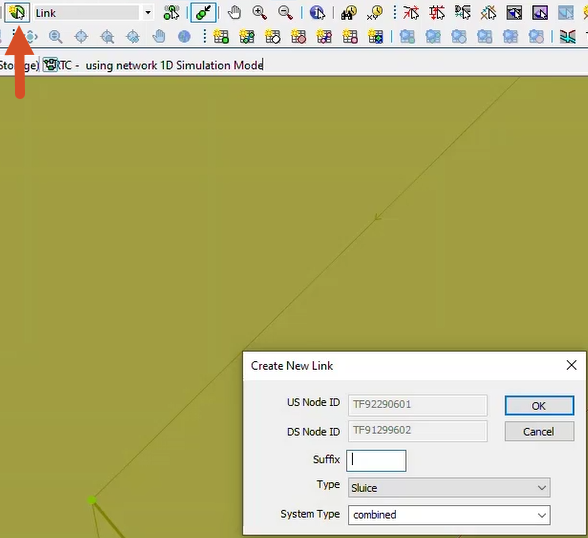 The Create New Link dialog box set to a Type of Sluice, and the New object tool called out in the GeoPlan Tools toolbar.