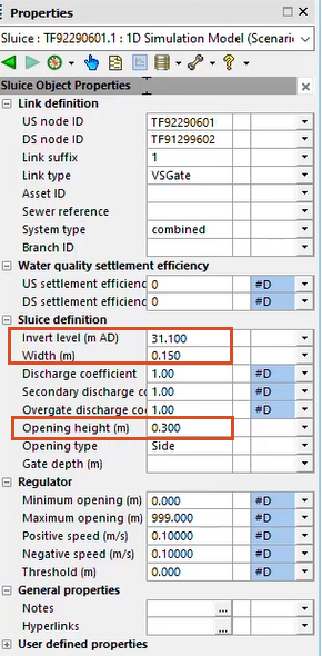 The Sluice Properties window with Invert level, Width, and Opening height settings configured for this exercise and highlighted.