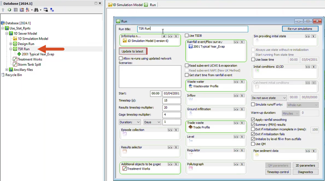 The Explorer window with TSR Run highlighted, and the Run dialog box configured for the existing TSR Run simulation.