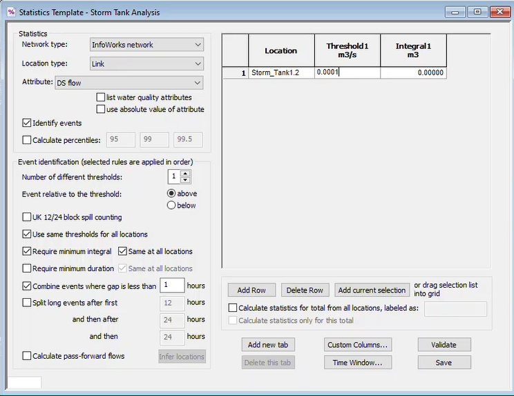 The Statistics Template dialog box with the Location and Threshold for the stored spill link entered for this exercise.