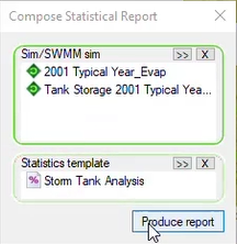 The Compose Statistical Report dialog box with simulations and a statistics template added for this exercise, and Produce report selected.