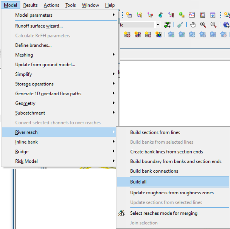 In the InfoWorks ICM interface, the Model menu with River reach selected, and in the flyout, river reach build options.