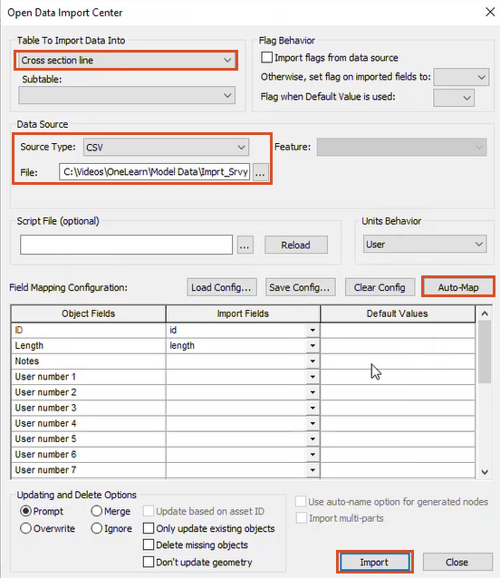 The Open Data Import Center with the settings to import cross section survey data for this exercise highlighted in red.