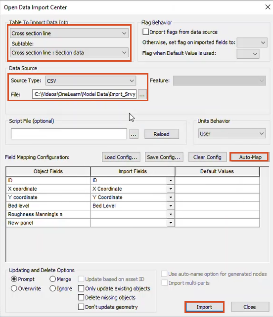 Open Data Import Center with the new settings to import a cross section subtable for this exercise.