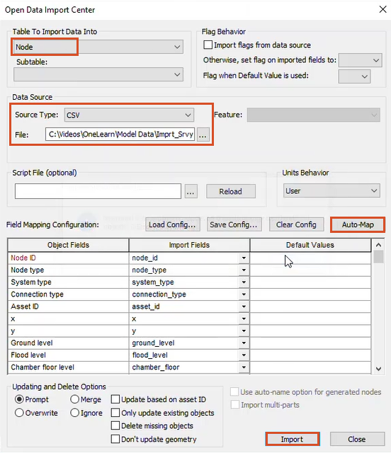 The Open Data Import Center showing settings to import break node data for this exercise.